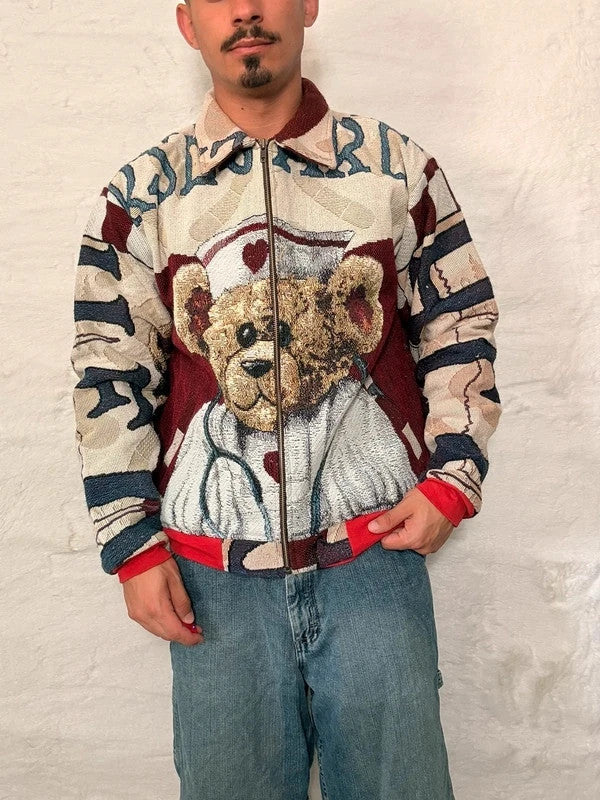 Veste Harrington en tapisserie design unique fait main upcyclé retravaillé et tissé taille M n•841