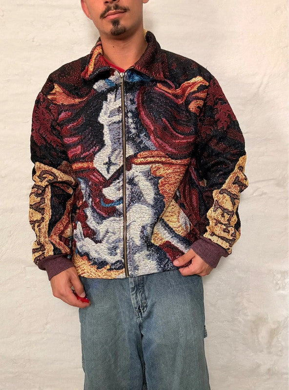 Veste Harrington en tapisserie design unique fait main upcyclé retravaillé et tissé taille L n•842
