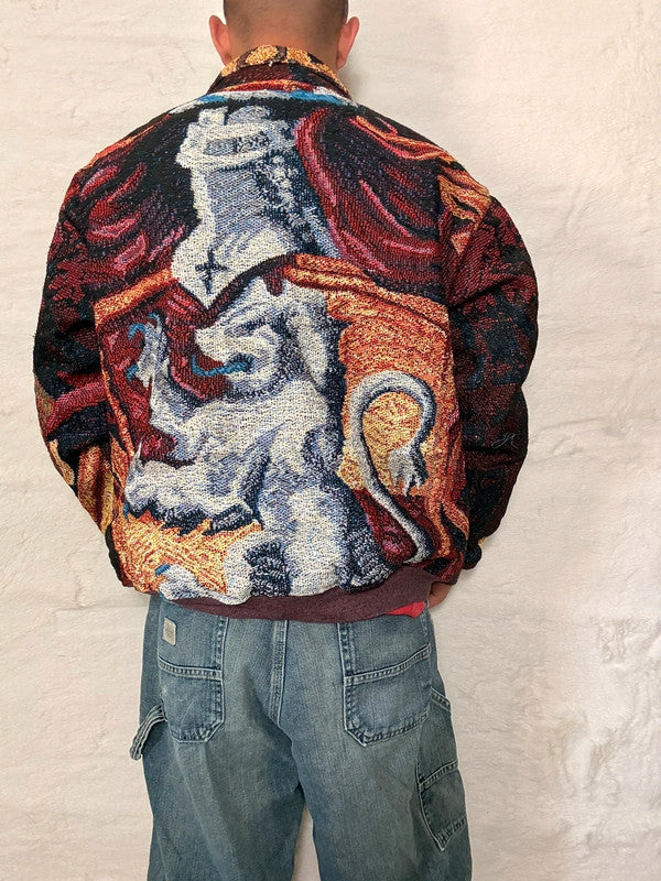 Veste Harrington en tapisserie design unique fait main upcyclé retravaillé et tissé taille L n•842