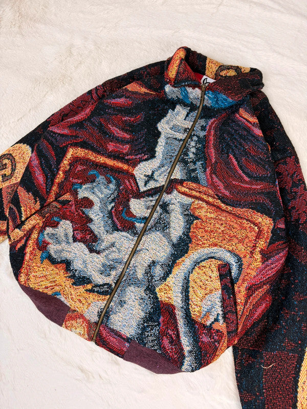 Veste Harrington en tapisserie design unique fait main upcyclé retravaillé et tissé taille L n•842