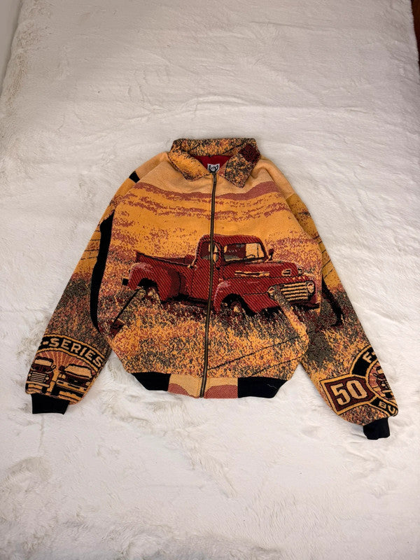 Veste Harrington en tapisserie design unique fait main upcyclé retravaillé et tissé taille XL n•843