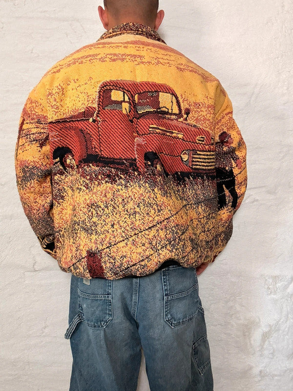 Veste Harrington en tapisserie design unique fait main upcyclé retravaillé et tissé taille XL n•843