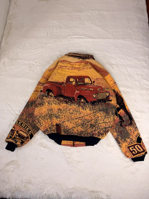 Veste Harrington en tapisserie design unique fait main upcyclé retravaillé et tissé taille XL n•843