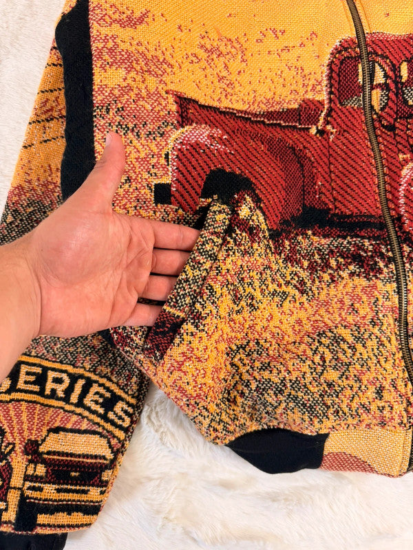 Veste Harrington en tapisserie design unique fait main upcyclé retravaillé et tissé taille XL n•843