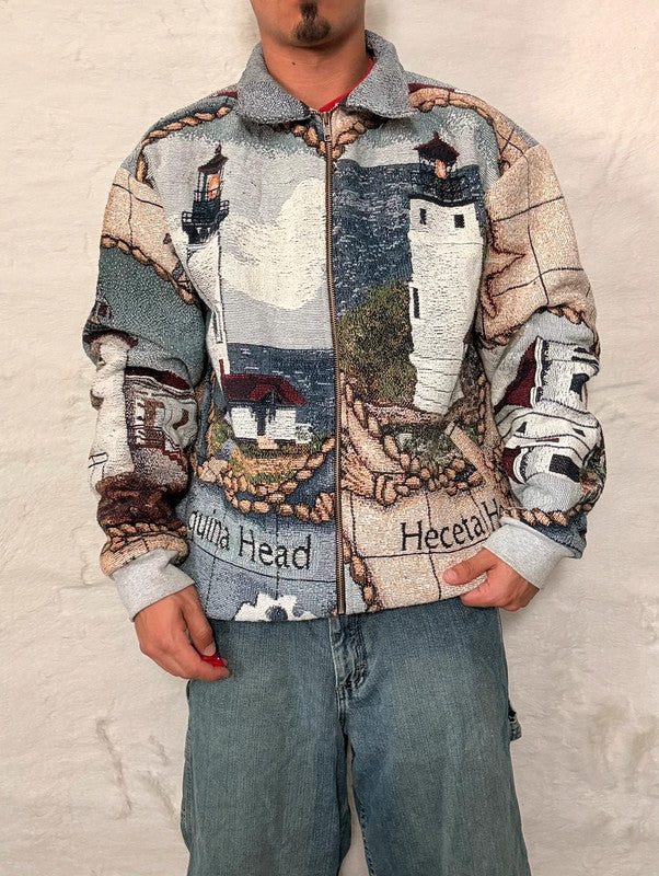 Veste Harrington en tapisserie design unique fait main upcyclé retravaillé et tissé taille XL n•844