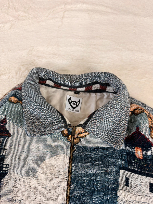 Veste Harrington en tapisserie design unique fait main upcyclé retravaillé et tissé taille XL n•844