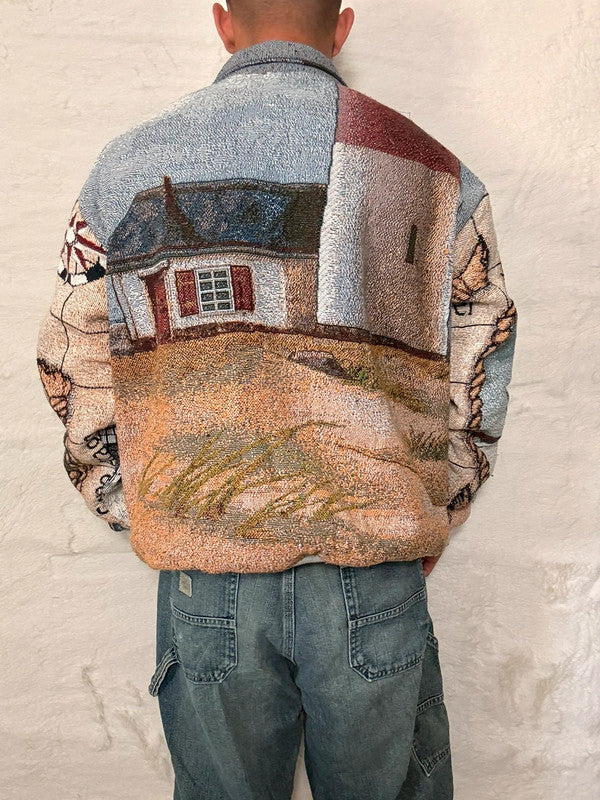 Veste Harrington en tapisserie design unique fait main upcyclé retravaillé et tissé taille XL n•844