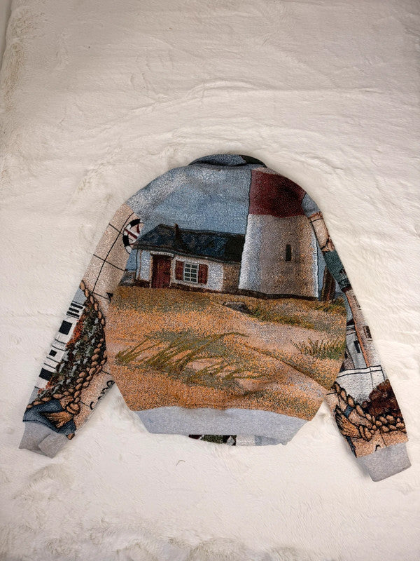 Veste Harrington en tapisserie design unique fait main upcyclé retravaillé et tissé taille XL n•844