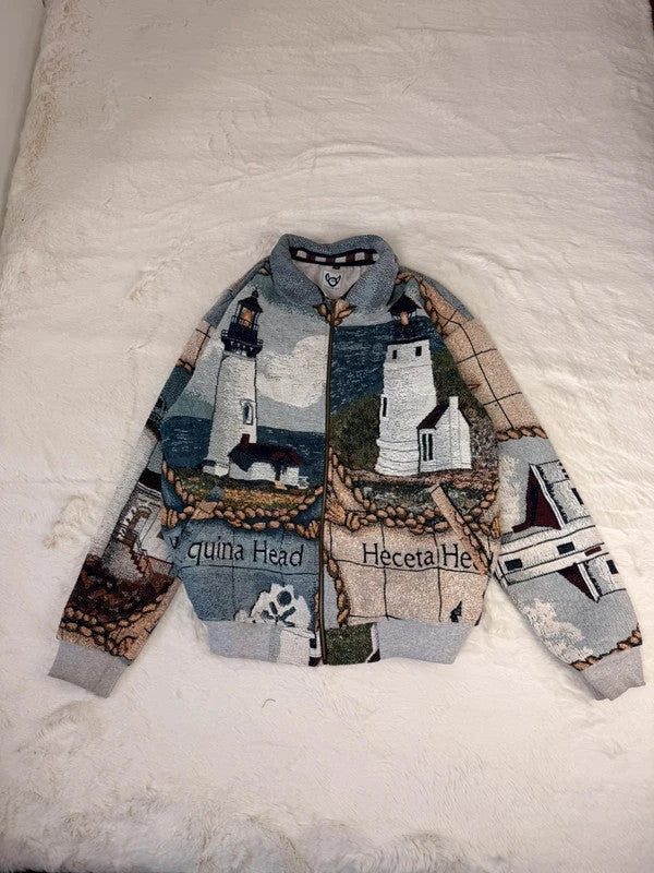 Veste Harrington en tapisserie design unique fait main upcyclé retravaillé et tissé taille XL n•844