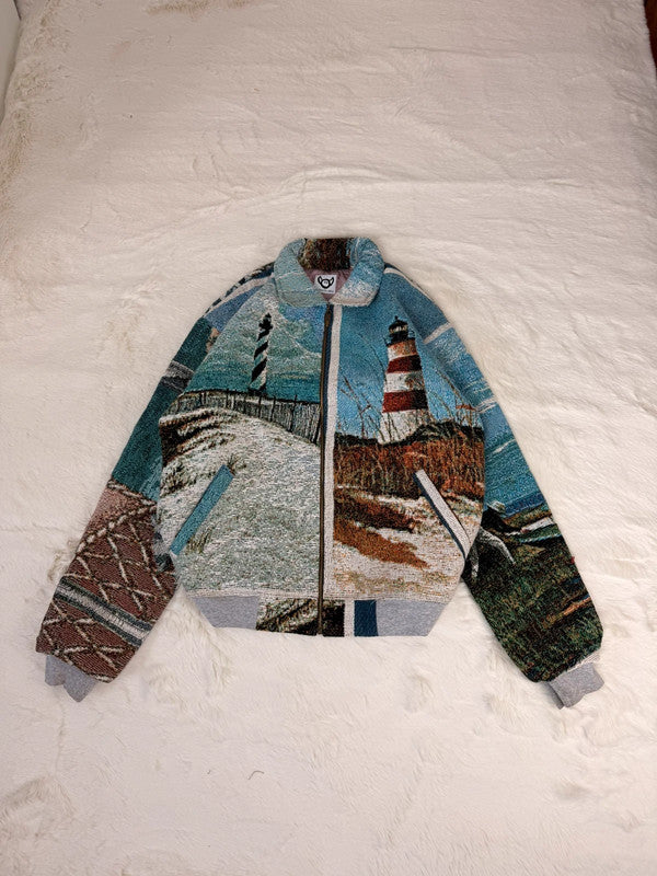 Veste Harrington en tapisserie design unique fait main upcyclé retravaillé et tissé taille S n•845