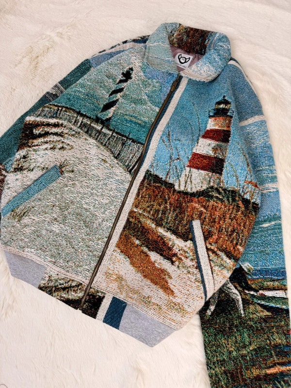 Veste Harrington en tapisserie design unique fait main upcyclé retravaillé et tissé taille S n•845