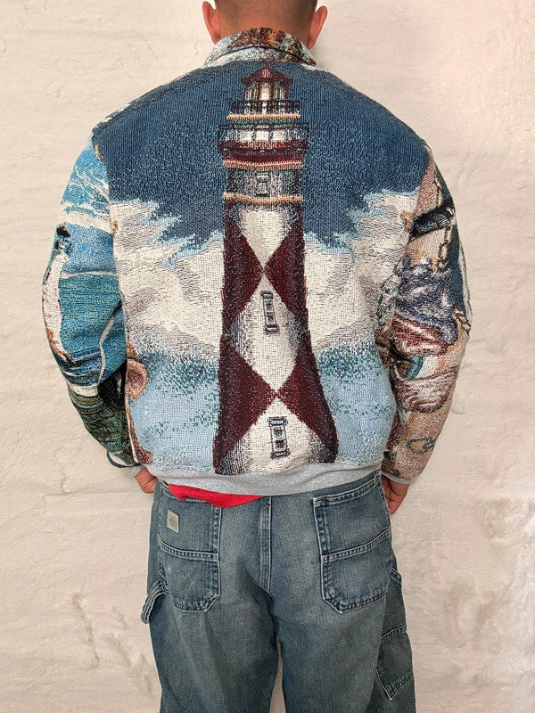 Veste Harrington en tapisserie design unique fait main upcyclé retravaillé et tissé taille S n•845