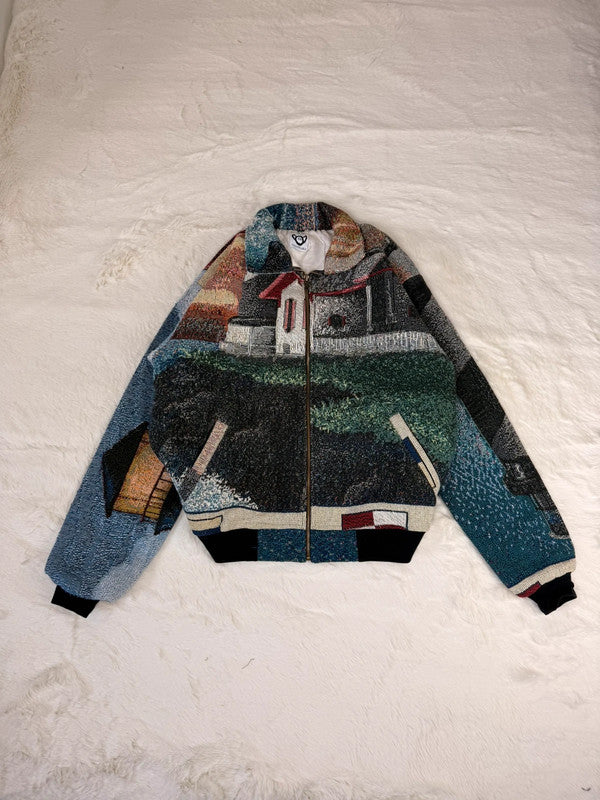 Veste Harrington en tapisserie design unique fait main upcyclé retravaillé et tissé taille S n•848