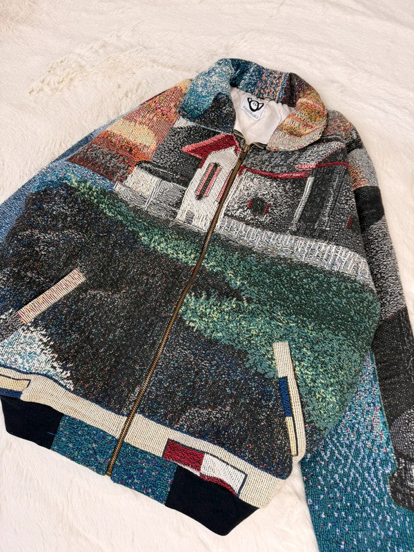 Veste Harrington en tapisserie design unique fait main upcyclé retravaillé et tissé taille S n•848