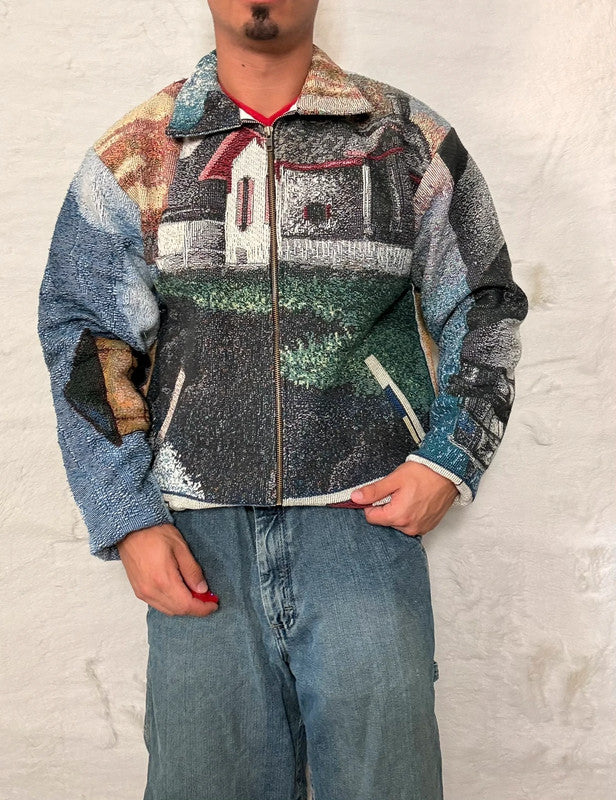 Veste Harrington en tapisserie design unique fait main upcyclé retravaillé et tissé taille S n•848