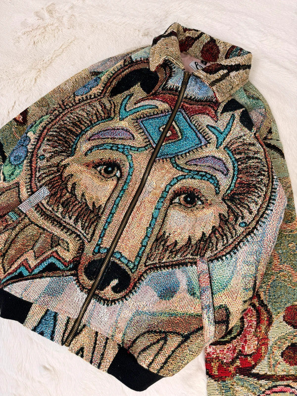 Veste Harrington en tapisserie design unique fait main upcyclé retravaillé et tissé taille S n•850