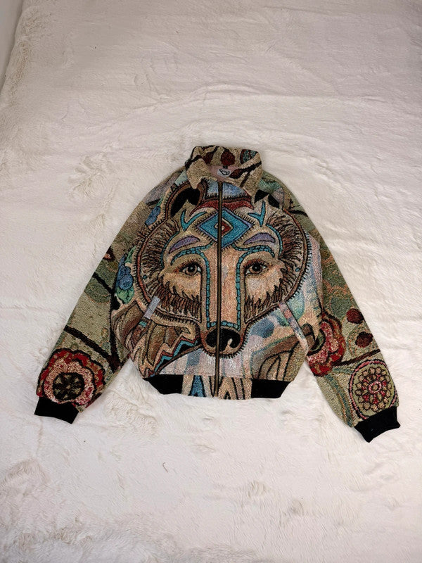 Veste Harrington en tapisserie design unique fait main upcyclé retravaillé et tissé taille S n•850