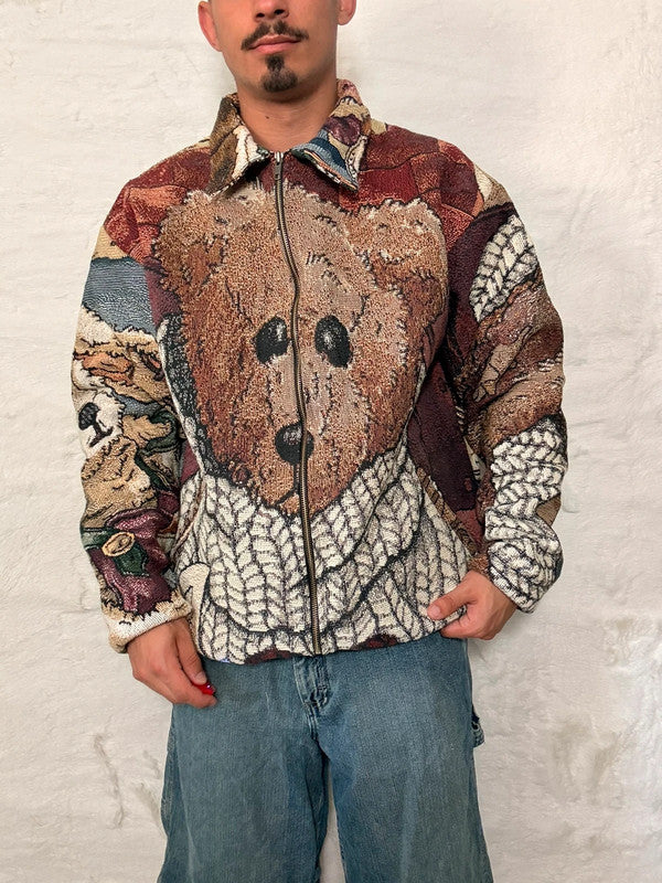 Veste Harrington en tapisserie design unique fait main upcyclé retravaillé et tissé taille XL n•852