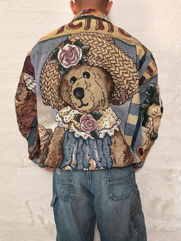 Veste Harrington en tapisserie design unique fait main upcyclé retravaillé et tissé taille XL n•852