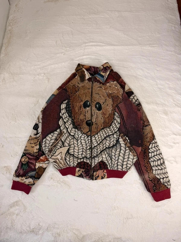 Veste Harrington en tapisserie design unique fait main upcyclé retravaillé et tissé taille XL n•852