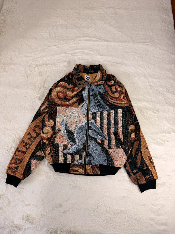 Veste Harrington en tapisserie design unique fait main upcyclé retravaillé et tissé taille M n•853