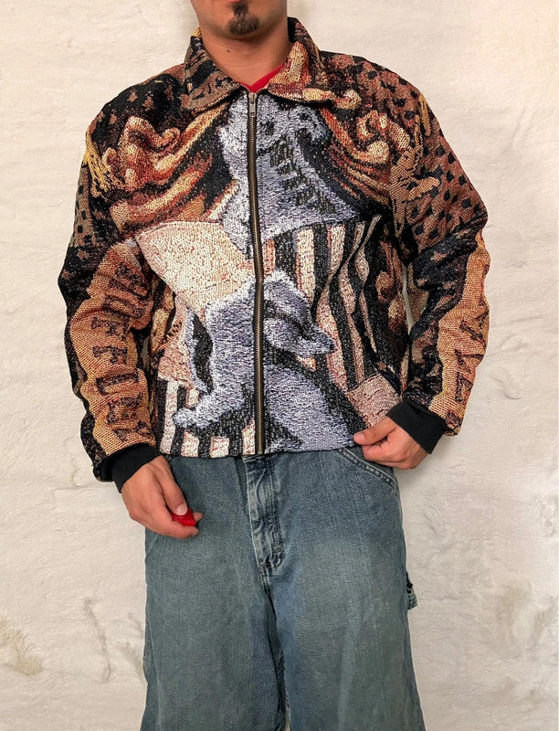Veste Harrington en tapisserie design unique fait main upcyclé retravaillé et tissé taille M n•853