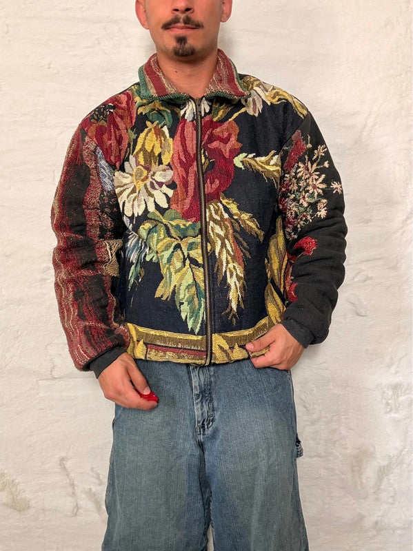 Veste Harrington en tapisserie design unique fait main upcyclé retravaillé et tissé taille M n•854