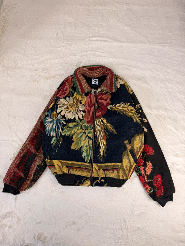 Veste Harrington en tapisserie design unique fait main upcyclé retravaillé et tissé taille M n•854