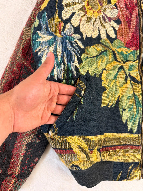 Veste Harrington en tapisserie design unique fait main upcyclé retravaillé et tissé taille M n•854