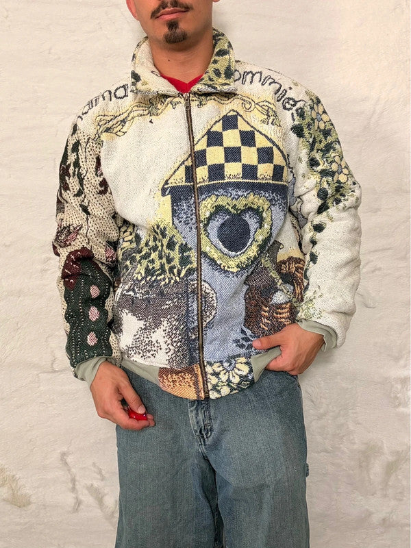 Veste Harrington en tapisserie design unique fait main upcyclé retravaillé et tissé taille M n•855