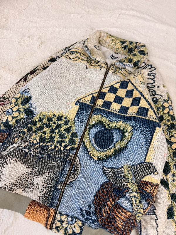 Veste Harrington en tapisserie design unique fait main upcyclé retravaillé et tissé taille M n•855