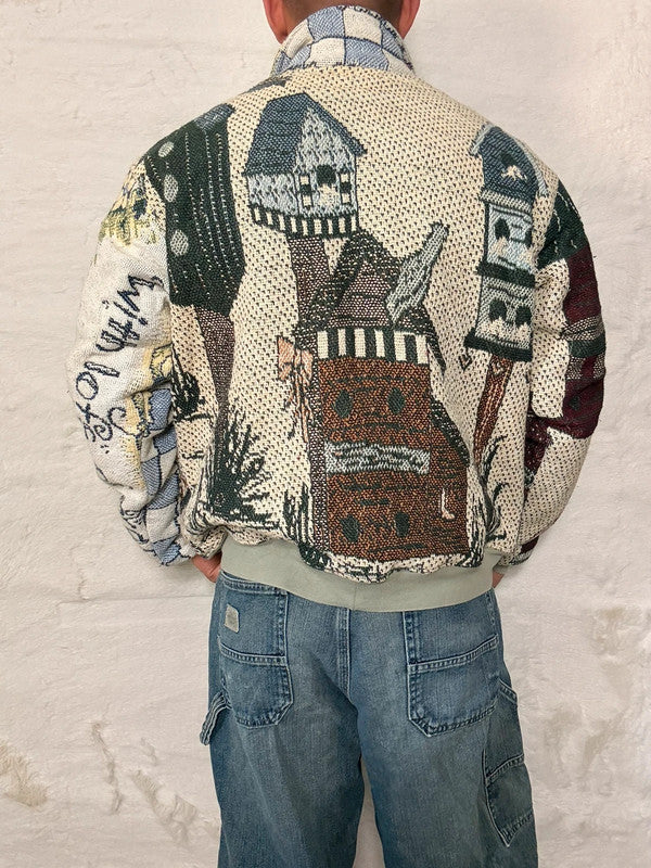 Veste Harrington en tapisserie design unique fait main upcyclé retravaillé et tissé taille M n•855