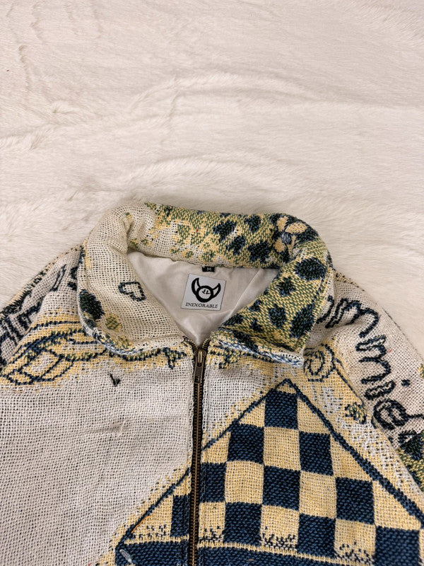 Veste Harrington en tapisserie design unique fait main upcyclé retravaillé et tissé taille M n•855