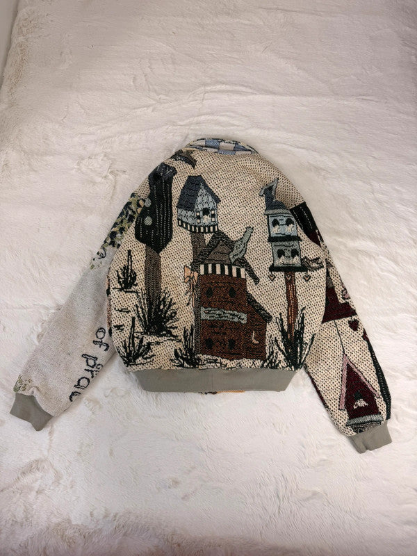 Veste Harrington en tapisserie design unique fait main upcyclé retravaillé et tissé taille M n•855