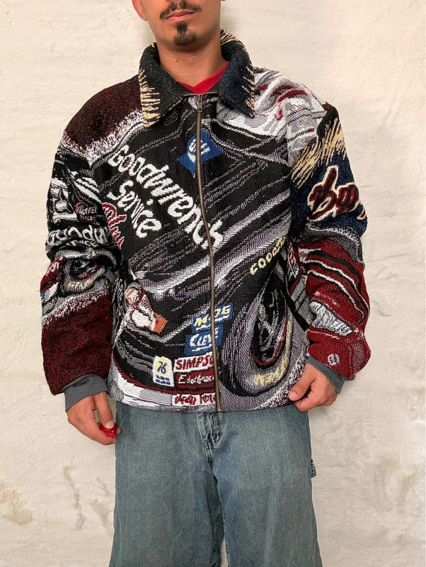 Veste Harrington en tapisserie design unique fait main upcyclé retravaillé et tissé taille XXL n•856