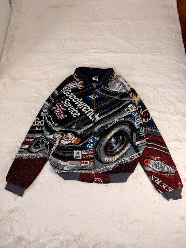 Veste Harrington en tapisserie design unique fait main upcyclé retravaillé et tissé taille XXL n•856