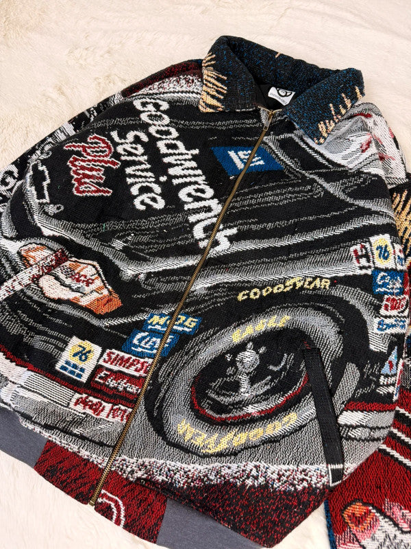 Veste Harrington en tapisserie design unique fait main upcyclé retravaillé et tissé taille XXL n•856