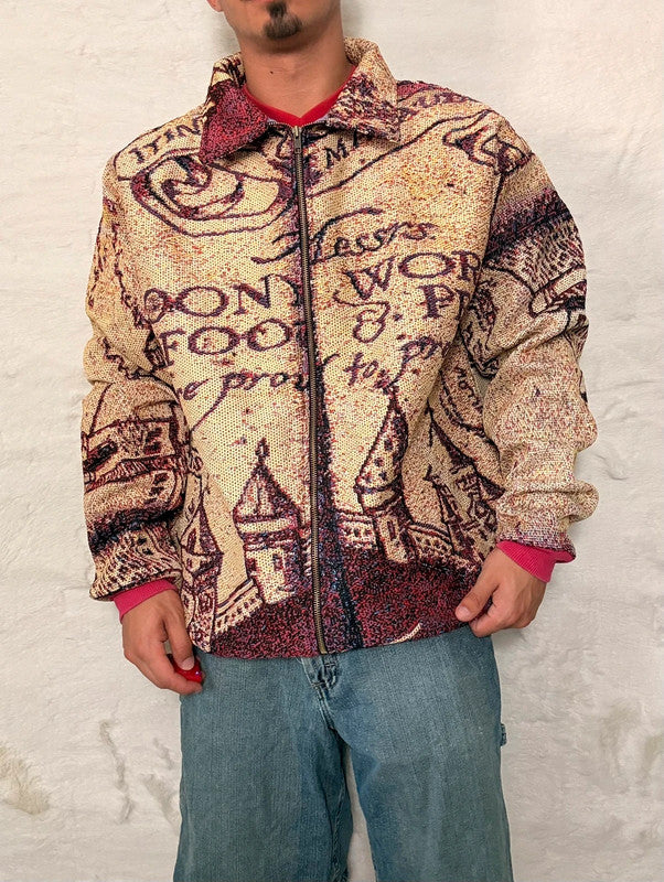 Veste Harrington en tapisserie design unique fait main upcyclé retravaillé et tissé taille XXL n•858