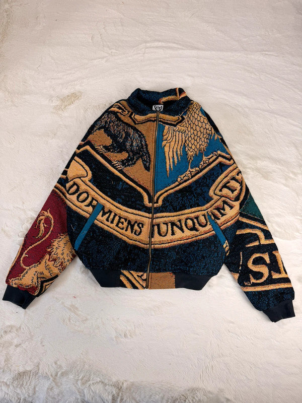 Veste Harrington en tapisserie design unique fait main upcyclé retravaillé et tissé taille L n•861
