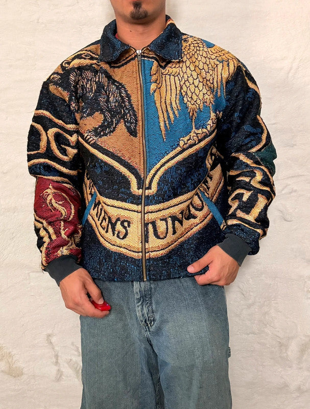 Veste Harrington en tapisserie design unique fait main upcyclé retravaillé et tissé taille L n•861