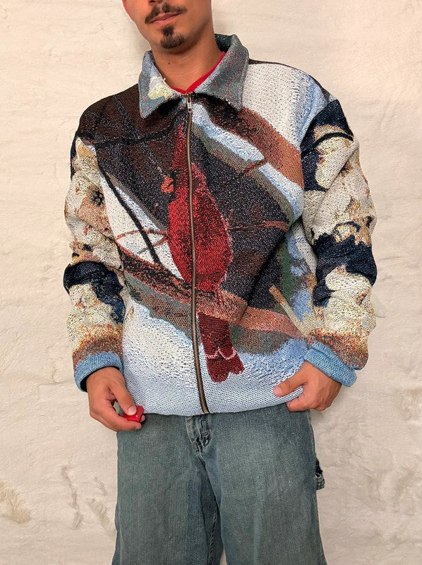 Veste Harrington en tapisserie design unique fait main upcyclé retravaillé et tissé taille XXL n•862