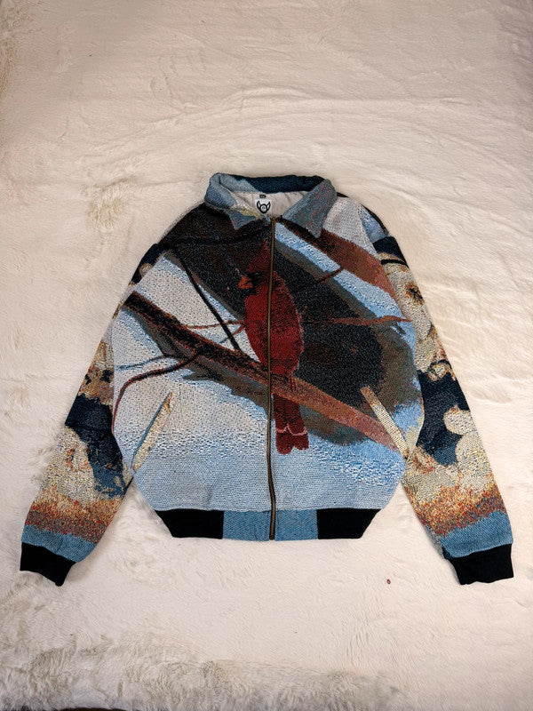 Veste Harrington en tapisserie design unique fait main upcyclé retravaillé et tissé taille XXL n•862