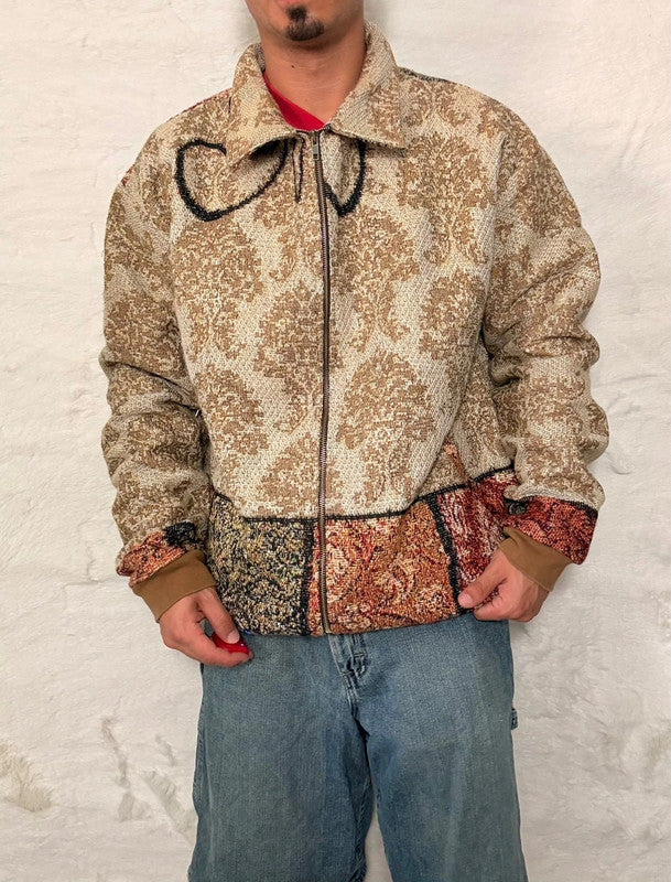 Veste Harrington en tapisserie design unique fait main upcyclé retravaillé et tissé taille XXL n•864
