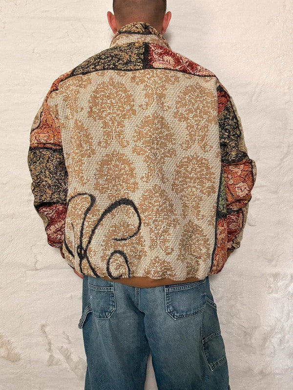 Veste Harrington en tapisserie design unique fait main upcyclé retravaillé et tissé taille XXL n•864