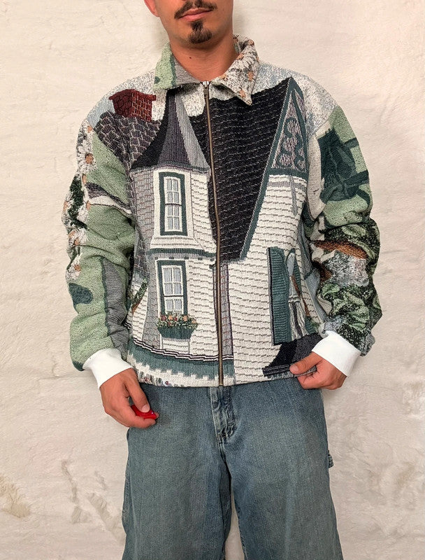 Veste Harrington en tapisserie design unique fait main upcyclé retravaillé et tissé taille L n•865