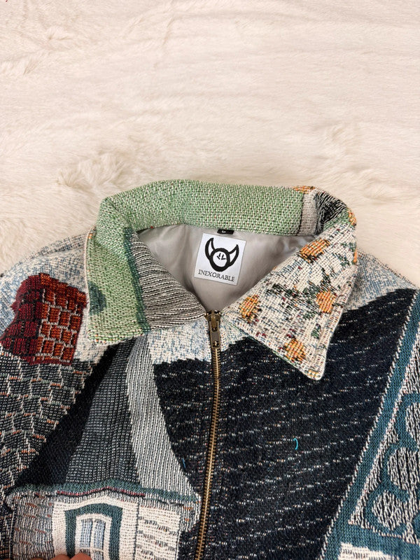Veste Harrington en tapisserie design unique fait main upcyclé retravaillé et tissé taille L n•865