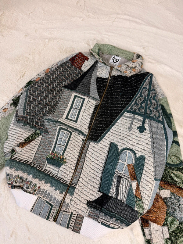 Veste Harrington en tapisserie design unique fait main upcyclé retravaillé et tissé taille L n•865