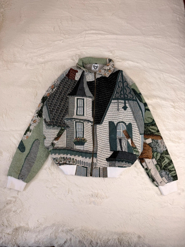 Veste Harrington en tapisserie design unique fait main upcyclé retravaillé et tissé taille L n•865