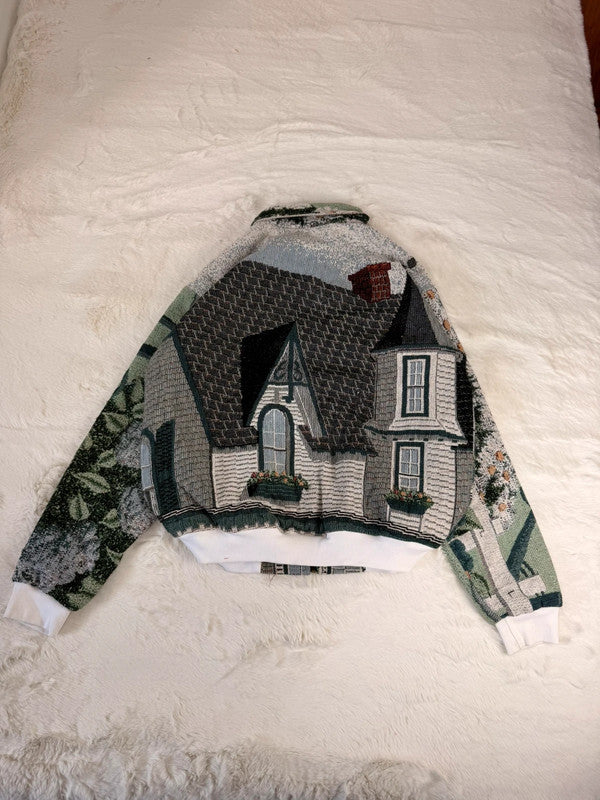 Veste Harrington en tapisserie design unique fait main upcyclé retravaillé et tissé taille L n•865