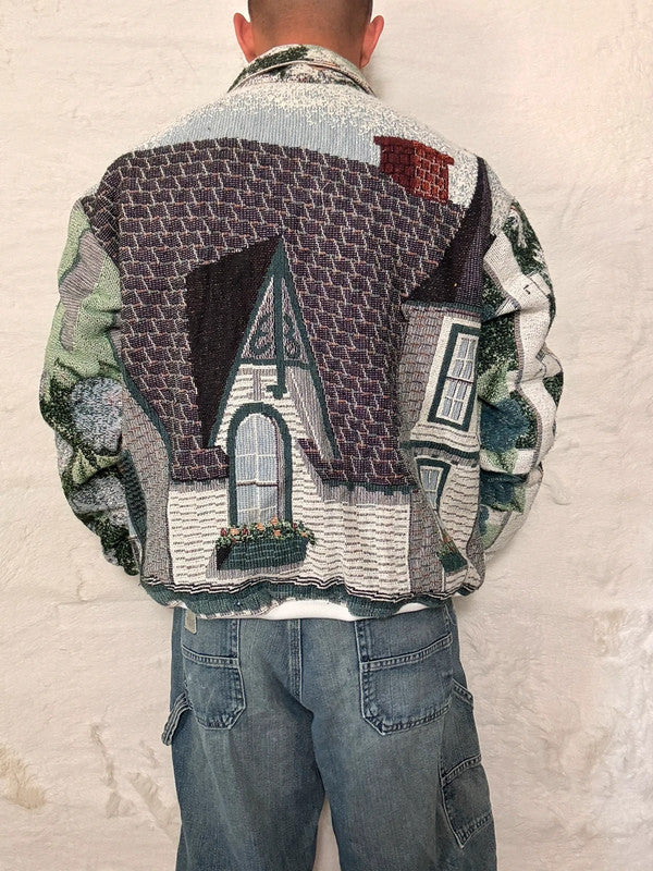 Veste Harrington en tapisserie design unique fait main upcyclé retravaillé et tissé taille L n•865